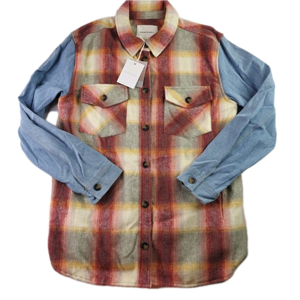 Threads & Supply Sunset Plaid & Denim Shirt Jacket Flannel Button Multi Color M